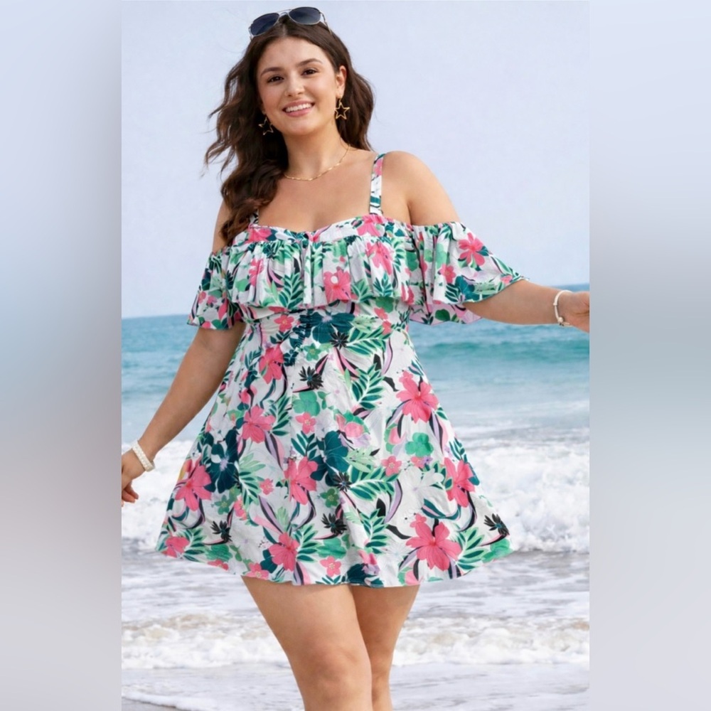 NEW, BloomChic, Tropical Cold Shoulder Ruffle Swim Dress, Plus Size 18W-20W
